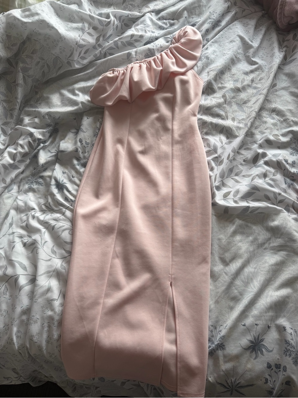 ASOS One-Shoulder Ruffle Midi Dress in Pale Pink